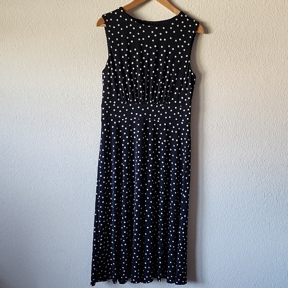 London Times Navy and White Polka Dotted Sleeveless Midi Dress, Zip Back Sz 10 - Picture 1 of 7